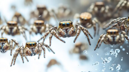 Jumping spiders swarm, water droplets background, nature macro, wildlife photography