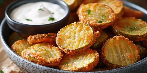A delicious and healthy snack featuring cucumber rounds breaded and fried to a golden brown, served with a savory dipping sauce for added flavor.