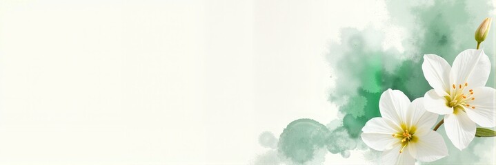 Elegant watercolor background featuring white flowers with soft green splashes, serene concept of floral design or decoration