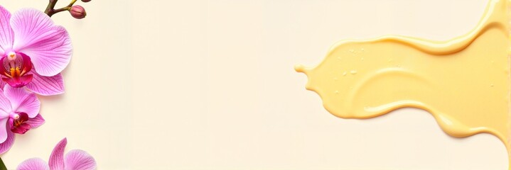 Obraz premium Floral arrangement of pink orchids and creamy yellow cosmetic cream on a pastel background, beauty and skincare concept of spa or wellness center