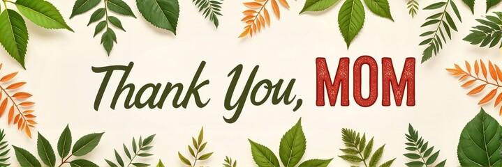 Bright and colorful "Thank You, MOM" message surrounded by vibrant green and orange leaves, cheerful concept of greeting card or stationery store