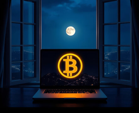  Graphical representation of bitcoin digital cryptocurrency symbol in the modern world on the background of an open window with the moon