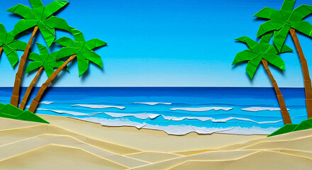Obraz premium Minimalistic and vibrant origami landscape of a tropical beach, great for holiday travel or vacation industry background or banner
