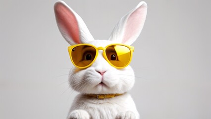 A close up of a white rabbit wearing yellow sunglasses.