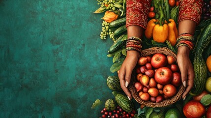 Fototapeta premium Holding Basket of Fresh Vegetables Healthy Produce for Farm Market