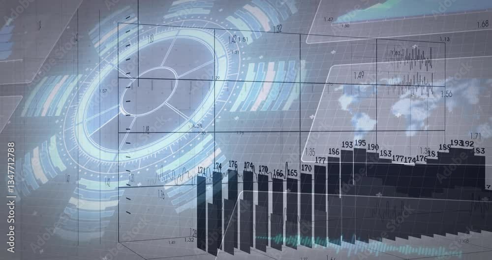 Poster creating animation with bar graphs and digital interface elements in school