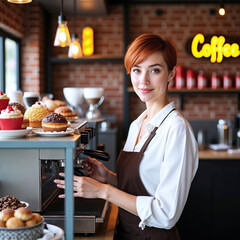 Barista preparing coffee in a cozy cafe with baked goods displayed in a welcoming environment during daytime hours.
