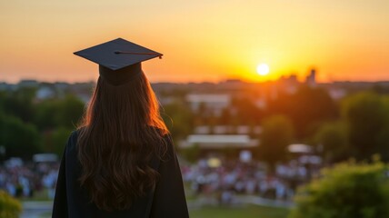 Graduate Silhouetted Against Sunset Over Cityscape