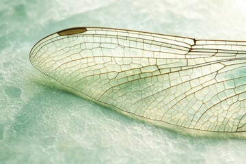 Close-up of a dragonfly's delicate wing, showcasing intricate vein patterns and translucent texture.