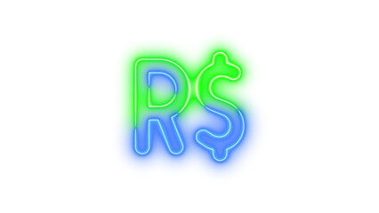 Neon brazilian real sign symbol icon blue green color glowing with transparent background