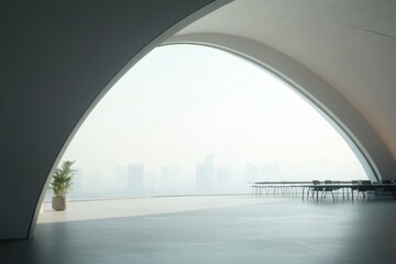 Modern architectural space with arched windows in urban office environment showcasing minimalist design