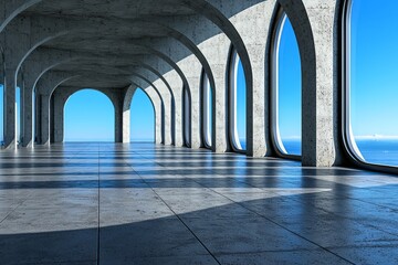 Obraz premium The background is a 3D render of futuristic architecture with an empty concrete floor showcasing a car presentation