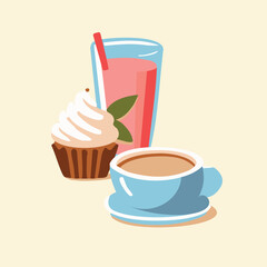 Sweet Desert with a Cup of Coffee and a Glass of Juice Vector Illustration