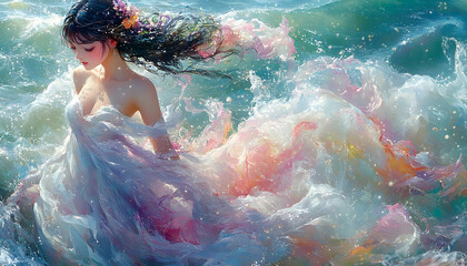 Serene woman, flowing dress merges with ocean waves, creating ethereal, dreamlike scene. Sunlight glistens on water