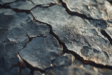 Close-up of cracked dark earth, showing texture and detail of dry land.