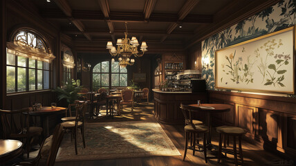 ボタニカルアートの壁紙が調和するアンティーク調カフェの空間