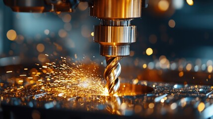 Metal drilling machine with sparks flying during a metalwork operation. Use for manufacturing, industrial processes, or engineering projects.