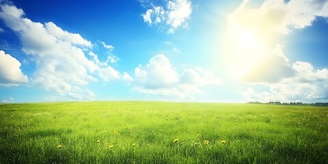 Obraz premium Panoramic landscape with green field, blue sky and fluffy white clouds