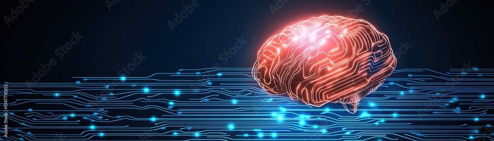 Poster abstract concept of artificial intelligence with neural network brain illustration and data flow