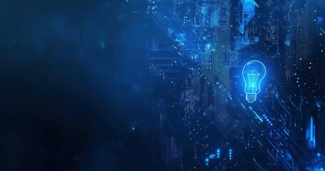 Glowing lightbulb on digital circuit board background.