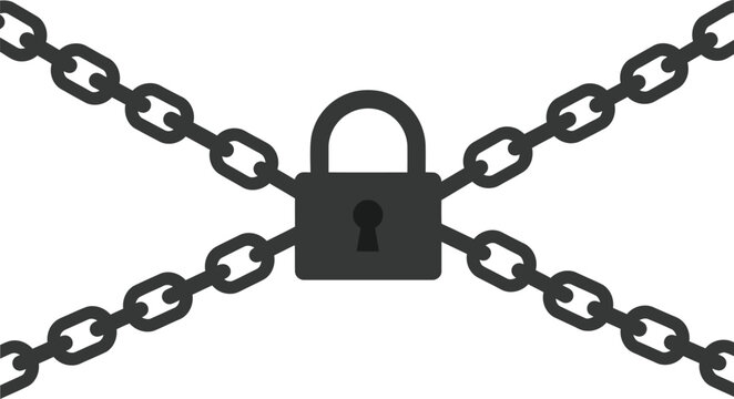 Black padlock at the center of intersecting chains in minimal design style representing security and protection in vector illustration