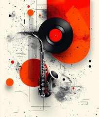 Obraz premium Modern art collage representing a music lifestyle concept, incorporating creativity, inspiration, imagination, and advertising, with musical instruments set against a vibrant backdrop