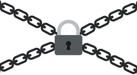 Interlocking black chains with a central padlock in a flat, minimal design style showcasing security and protection in vector art