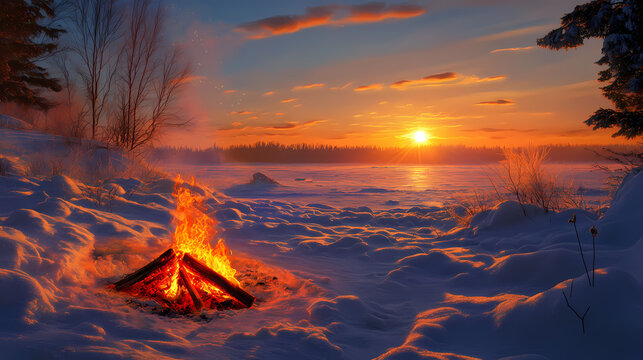 Winter bonfire at sunset: a scene of fiery embers glowing amidst a snowy landscape, under the warm hues of a setting sun. a perfect image of warmth and serenity in the cold. Frozen Ember. Illustration