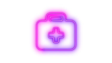 Neon briefcase medical symbol icon pink purple color glowing with transparent background