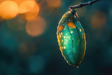 A translucent chrysalis hangs from a branch, illuminated by golden sunlight, showcasing intricate details and vibrant colors.