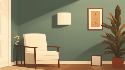 Inviting interior scene with armchair, lamp, art and greenery, offering a calm atmosphere