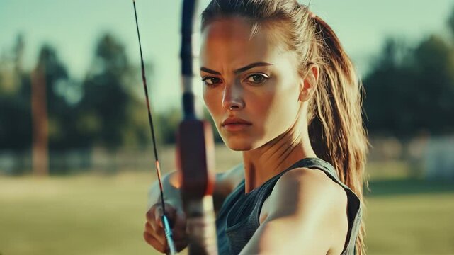 Archery. Young woman archer intensely focused while practicing archery outdoors. She holds a bow with precision, highlighting her determination and skill. Video made using Generative AI.