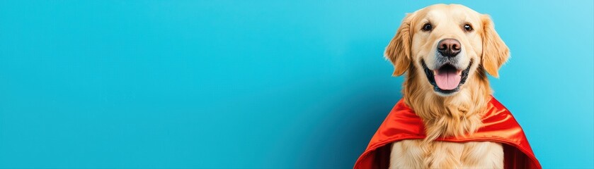 Happy Golden Retriever in a Fun Costume Smiling Against a Bright Blue Background