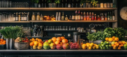 A bar counter with fresh fruits and herbs