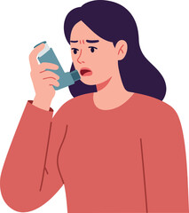 Concerned woman holding an inhaler with a worried expression in flat vector illustration style representing health and wellness issues in a minimalistic design vector art
