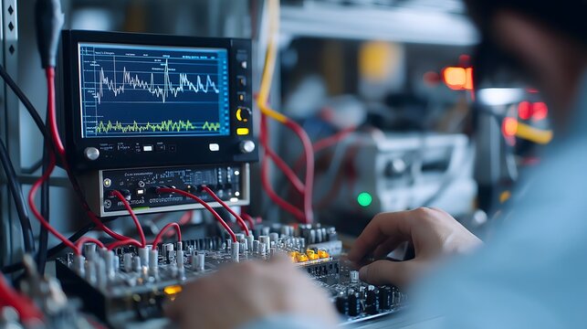 Engineer analyzes signal data with a digital oscilloscope in a technology lab during a project review