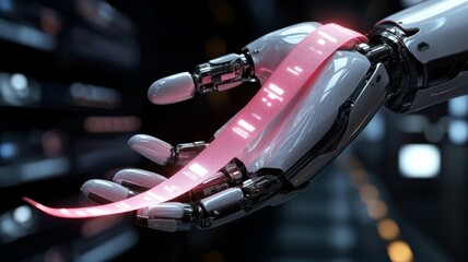 Robotic Hand Holding Glowing Genetic Code Strand