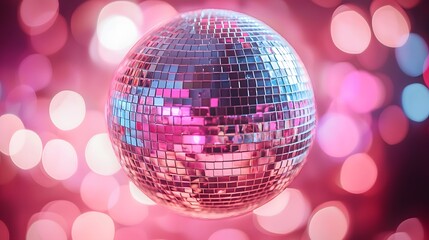 Obraz premium Shimmering Disco Ball Reflecting Light in Vibrant Background Bokeh