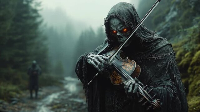 A skeletal demon with fiery eyes and twisted horns playing a haunted violin on a desolate dirt road deep in the Appalachian mountains at midnight