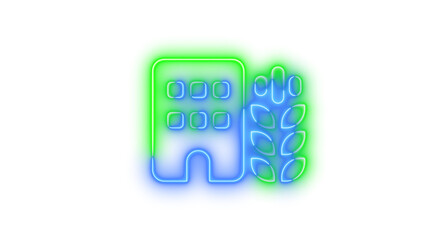 Neon building wheat symbol icon blue green color glowing with transparent background