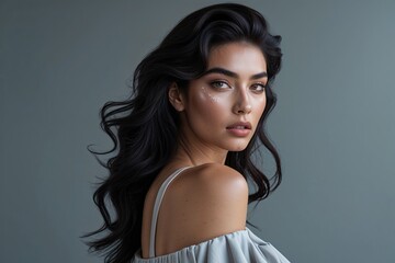 Naklejka premium Stylish Young Woman with Luxurious Dark Hair and Radiant Skin in Serene Grey Background