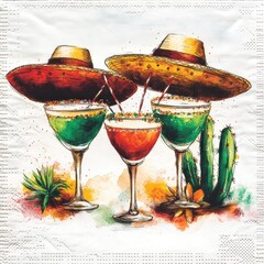 A Mexican Independence Day cocktail party card design. Three tequila glasses, sombrero and cactus 