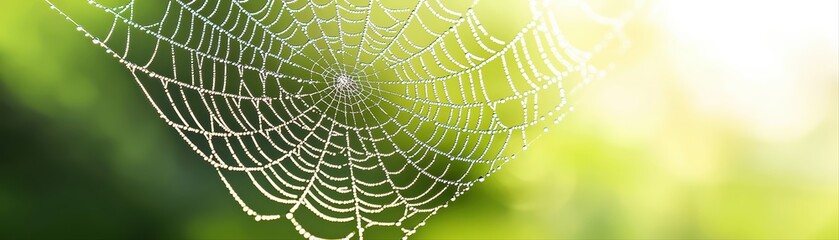 Fototapeta premium Close-Up of Dewdrops on a Delicate Spider Web in a Lush Natural Setting