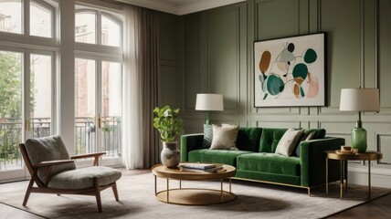Cozy Modern Living Room with Vibrant Green Accents and Natural Light