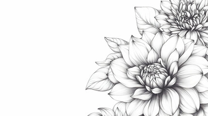 Monochrome dahlia floral corner design, elegant botanical illustration, white background, wedding invitation template