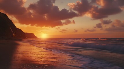 Fototapeta premium Tranquil ocean sunset casting warm hues over gentle rolling waves image