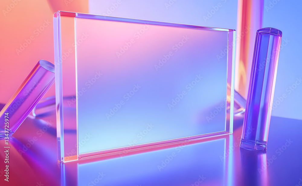 Wall mural 3d holographic glass morphism frame with geometric shapes render. transparent rectangle card surface