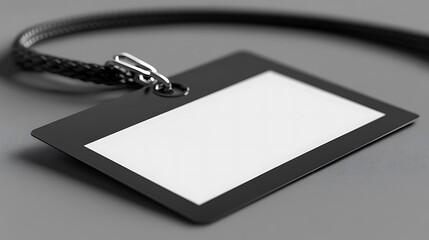 A black identification badge with a white blank area