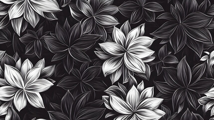 Obraz premium Monochrome floral seamless pattern, dark background, stylized botanical illustration, ideal for textile print