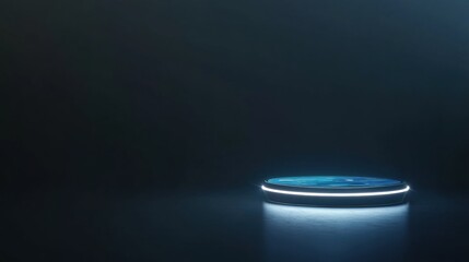 Illuminated circular platform in a dark studio futuristic concept art minimalist design close-up view